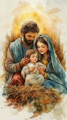  Gentle watercolor of Holy Family in stable, surrounded by muted earth tones, illuminated by soft, radiant glow symbolizing peace and divinity. © Lamina