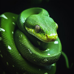 Obraz premium Green snake wrapped around it, against a black background