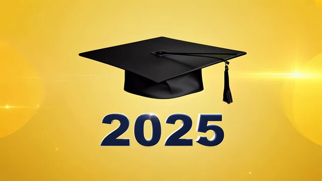 numbers 2025 black graduation cap vibrant yellow backdrop celebrating class New Year&rsquo;s vertical academic academy background celebrate celebration ceremony certificate college concept