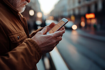 Pensioner browsing social media on a smartphone, casual setting, showing how technology helps people stay connected.