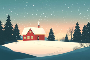 Naklejka premium Red Cabin Winter Snow Scene Peaceful Landscape