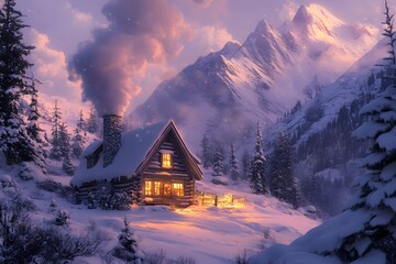 Snowy Cabin Surrounded by Winter Trees, Majestic Mountains, and a Cozy Warm Light Glow