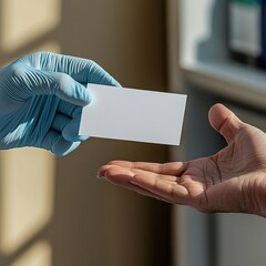 doctors hand, wearing a light blue latex glove, gently extending a crisp white business card towards a patients