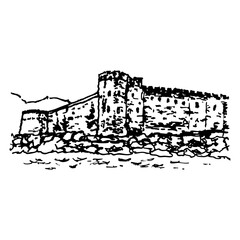 View of Kyrenia Castle in Cyprus. Hand drawn linear doodle rough sketch. Black and white silhouette.