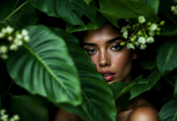 A woman is standing in a lush green forest