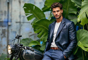 A man in a suit and tie is posing in front of a motorcycle