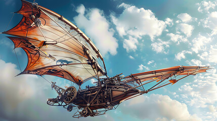 A Visionary Depiction of a Flying Machine or Ornithopter, Combining Intricate Mechanics with Imaginative, Futuristic Design
