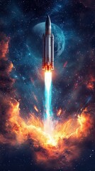 Naklejka premium Sleek silver rocket soaring toward colossal, vividly lit moon, surrounded by beams of blue and purple light cutting through starry galaxy.