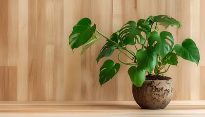 Pothos plant in a simple terracotta pot placed on a wooden surface indoors
