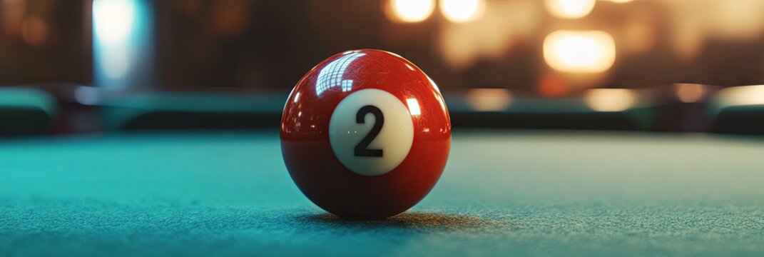Red Pool Ball Number Two on Green Felt Table