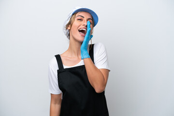 Fishwife woman isolated on white background shouting with mouth wide open