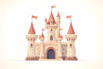 Obraz premium Enchanting Fantasy Castle with Red Flags and Turrets, Perfect for s, Children's Themes, and Magical Storytelling Concepts in Bright Colors
