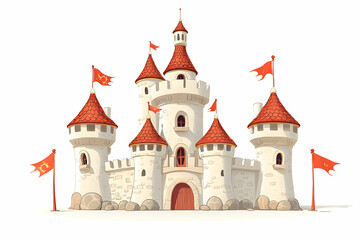 Fototapeta premium A Charming Fairytale Castle with Red Roofs and Flags on a White Background, Ideal for Children's s and Fantasy Themes in Storybooks or Decor