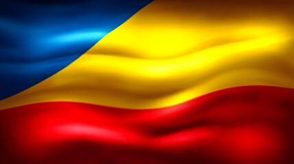 Fototapeta premium Vibrant Waving Flag of Romania with Rich Blue, Yellow, and Red Colors in Fluid Motion Symbolizing National Identity and Cultural Heritage
