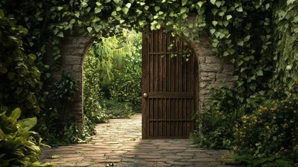 Fototapeta premium A wooden door in a stone wall overgrown with ivy