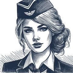 Sketch of flight attendant on white background, elegant airline stewardess in uniform with hat and scarf, aviation professional illustration, monochrome outline drawing, aviation industry concept.