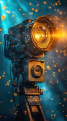  Vintage-inspired camera with glowing lens, surrounded by golden particles, symbolizing creativity, innovation, and evolution of photographic technology.