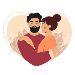 Romantic Couple Hugging in Heart Frame - Love and Affection vector Illustration. Valentine's Day