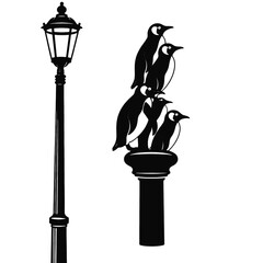 Obraz premium a black silhouette of a street lamp post. On top of the lamp post, there are four penguins stacked on top of each other
