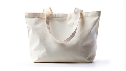 Close-up white fabric tote bag with handles isolated on white background