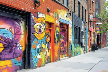 Fototapeta premium Colorful murals cover the walls of a lively alley, showcasing artistic expression and creativity