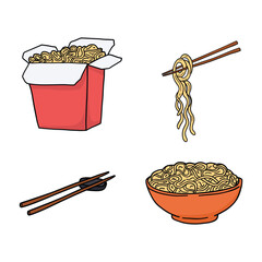 Set of noodle hand drawn cartoon doodle elements, asian food, chopsticks and noodles in bowl