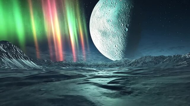 Alien Aurora:  A mesmerizing alien landscape bathed in the ethereal glow of a vibrant aurora borealis, with a large moon casting its enigmatic light.  A breathtaking scene of otherworldly beauty. 