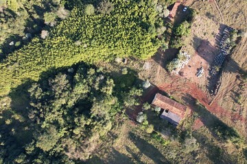 Uma casa de uma fazenda localizada ao lado de uma floresta tropical, em Piraju, interior do estado de São Paulo, Brasil, em uma imagem aérea obtida com drone. © Ricardo_S_Levenhagen