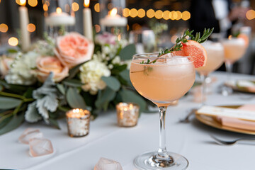 National Rhubard Vodka Day. A refined grapefruit cocktail in a coupe glass, garnished with thyme and citrus, beautifully set on a candlelit floral tablescape for a festive celebration.
