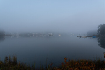 Morning Fog Shrouding Boats and Shoreline of Marina in Smith Cove Along the Niantic River in Niantic Connecticut