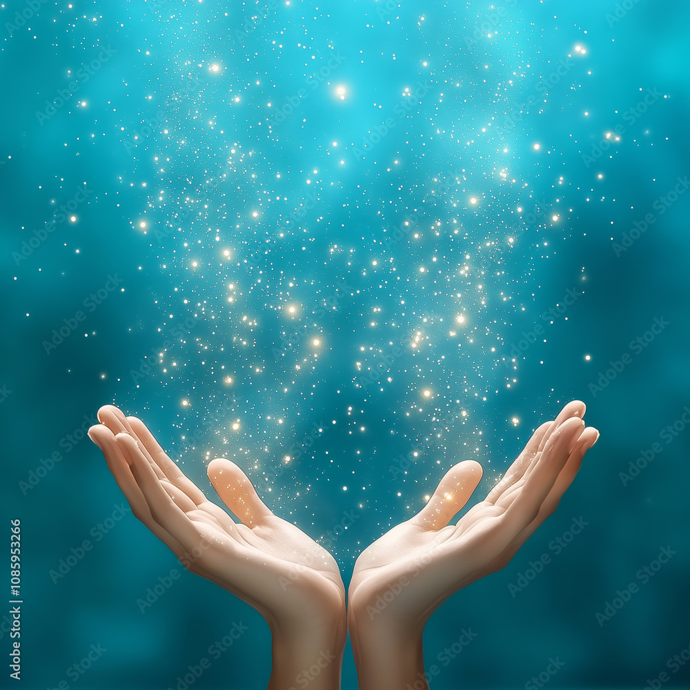 Poster hands creating a glowing magical effect under a bright blue background in a serene setting