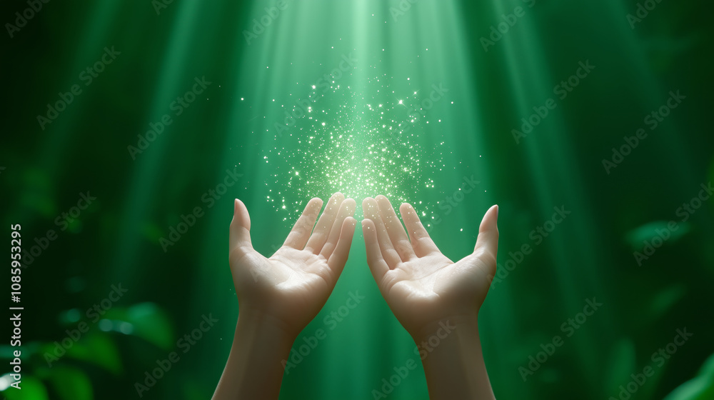 Poster hands reaching out to glowing particles in a mystical forest illuminated by soft rays of light