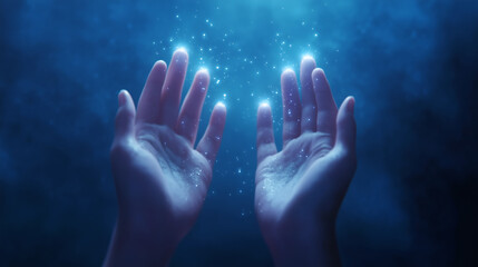Hands reaching for light in a mystical blue environment, capturing magical sparkles and glow