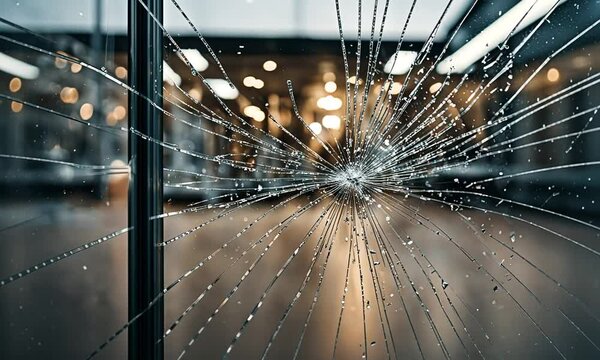 Broken shop window. Vandalism.