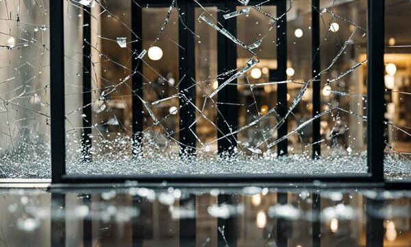 Broken shop window. Vandalism.