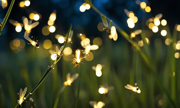 Fireflies in the forest at night.