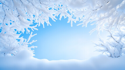 Obraz premium Snowy landscape with frosted branches under a bright blue sky during winter season