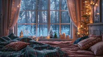 Cozy whimsical cottage bedroom adorned for christmas with pastel hues and snowy forest view