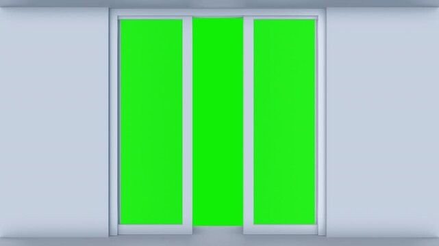 Double sliding automatic glass doors in clean interior. Entrance or exit to supermarket, train station or office. Realistic 3d animation on green screen background.