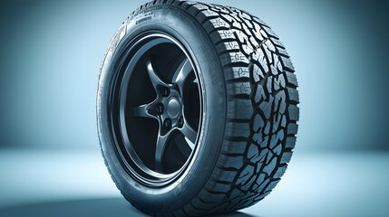 Obraz premium Close-up view of a car tire showcasing intricate tread pattern with detailed grooves on a blue gradient background.