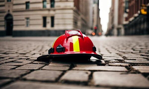 Firefighter helmet in the city.