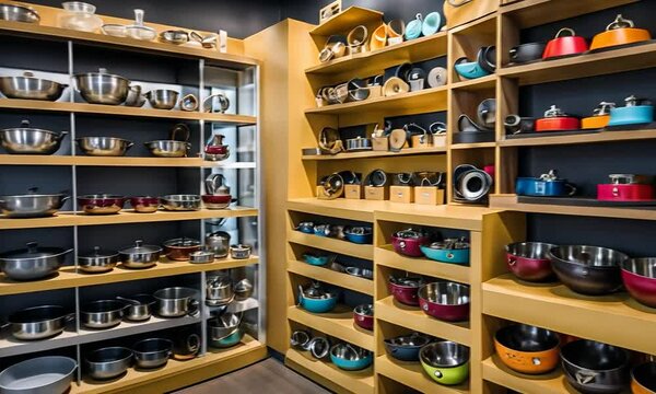 Pots and pans in a kitchen store.