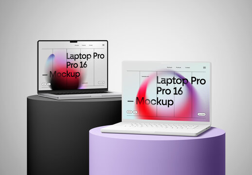 Two Realistic Laptop Pro on Cubic Mockups