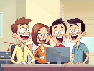 A cartoon-style illustration of a team laughing in a bright office setting, with happy faces and a fun atmosphere at the desk.