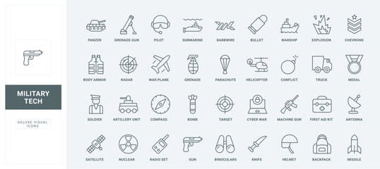 Missile bomb and grenade, pistol and medal of army soldier, target of gun and drone thin black outline symbols vector illustration. Military equipment, combat war weapon line icon set.