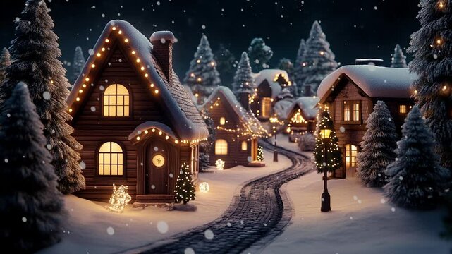 3D Cartoon Christmas Village with Snow Falling, loop, repeatable