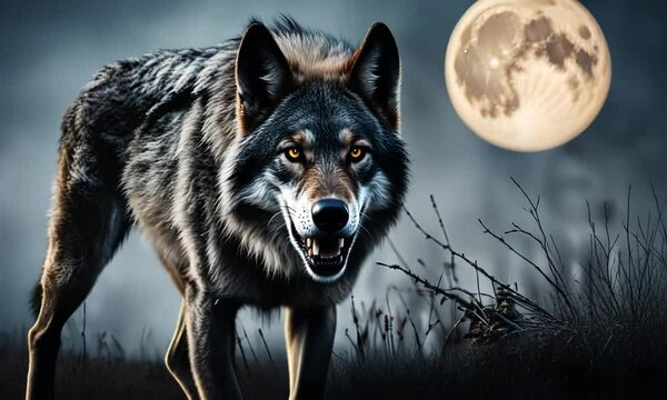 Angry wolf on a full moon night.