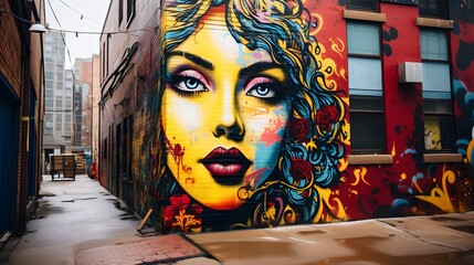 Expressive female portrait graffiti in a brightly painted city alleyway