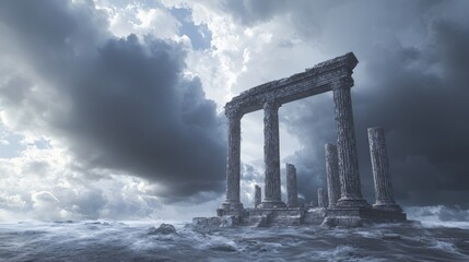 Naklejka premium Resilient Roman Temple: Ancient Architecture Amidst Nature's Fury