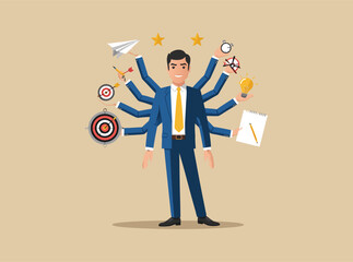 multitasking businessman vector illustration for productivity and time management.